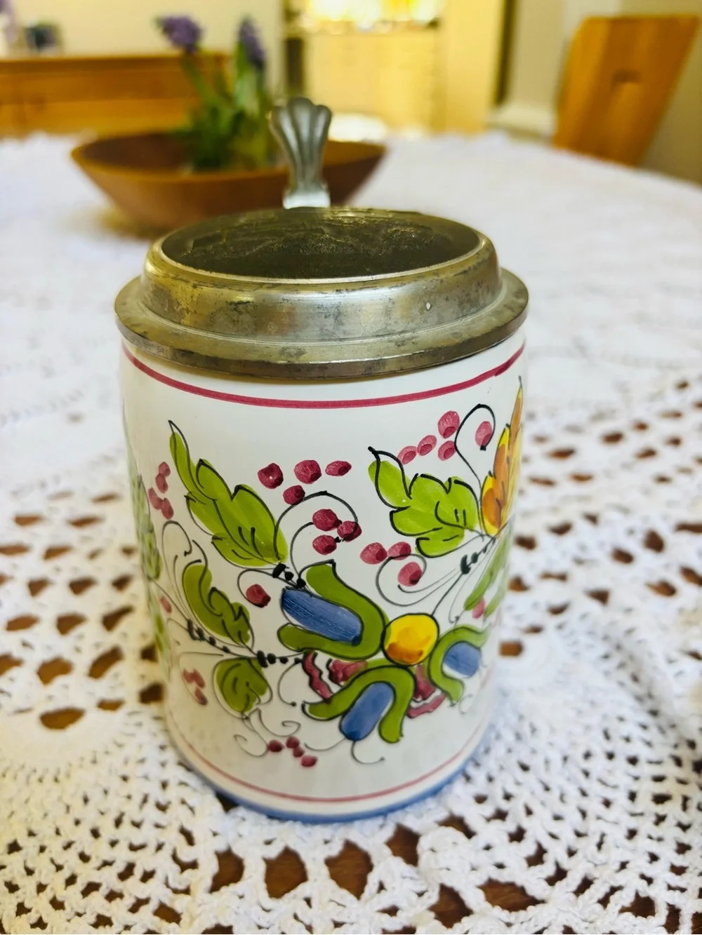 Vintage Signed Ceramic German Beer Stein with Pewter Lid - Floral Leaf Design